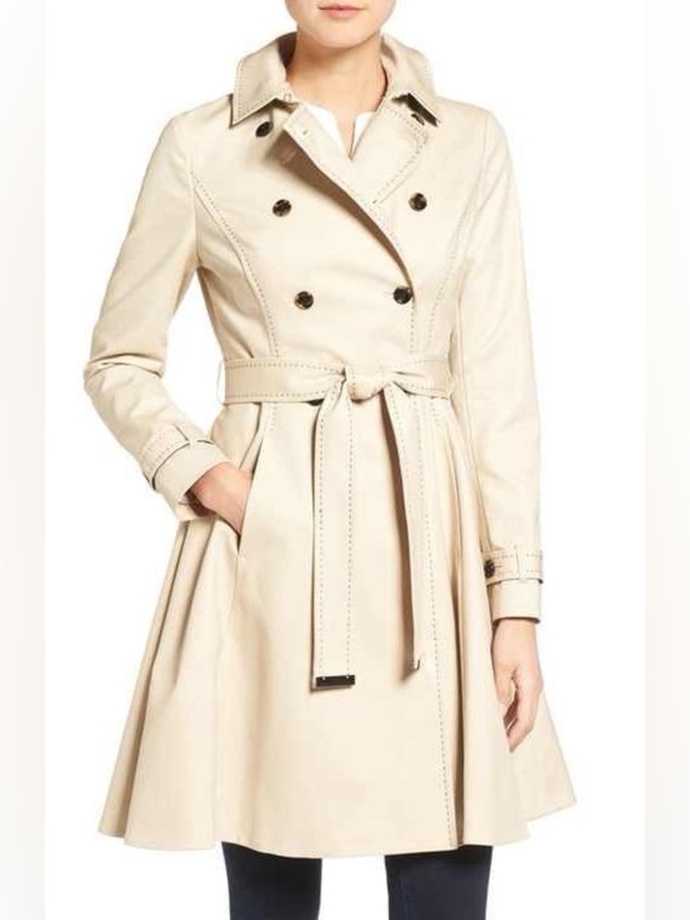 Ted Baker fit and flare Beige Double-Breasted Trench Coat with Belt. T2